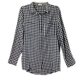 Mittoshop Gingham Shirt Womens Small Navy Blue White‎ Check Oversized Button Top